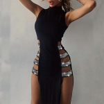 K&uuml;ljelt k&otilde;rge l&otilde;hega &ouml;&ouml;klubi peokleidid Naiste must seksikas kleit Patchwork Naiste varrukateta Y2k suvekleit Nahas&otilde;bralik 19481 S must