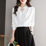 Armsad naiste topid Moodsad satiinpluus Naiste kontori naised Elegantsed valged naiste s&auml;rgid Prantsuse V kaelusega Naiste riided 29526 S valge