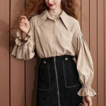 Mood Ruffles Lantern pikkade varrukatega naiste s&auml;rk Vintage Peter Pan kraega pluus Naine Korea magusad lahtised elegantsed naiste topid 29834 S khaki