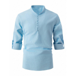 Suvine n&ouml;&ouml;bid Meeste top T-s&auml;rk Vintage &uuml;hev&auml;rviline puuvillane linane kaelus pikkade varrukatega s&auml;rk Meeste riided S hall