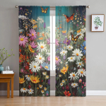 Daisy Flower Butterfly Bushes L&auml;bipaistvad kardinad elutuppa Magamistoa t&uuml;llkardin k&ouml;&ouml;gi jaoks Voile kardinad ruloopaneelid 135W x 114H(cm) black