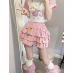 Kawaii Lolita seelik naiste volangidega kihiline k&otilde;rge v&ouml;&ouml;kohaga Cutecore miniseelik l&uuml;hikesed p&uuml;ksid Harajuku Jaapani stiilis pehme t&uuml;druk XL roosa