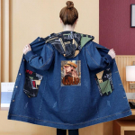 Kevad s&uuml;gisene teksajakk naiste kapuutsiga tuulejakk Multikas tr&uuml;kitud mantel, pikk pealisriided, naiste &uuml;leriided, 5XL lahtine mantel 4XL