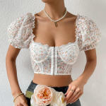 Vintage tr&uuml;kitud puhvis varrukas Madala l&otilde;ikega seksikas pluus Naiste seljata kandiline krae Slim Fit s&auml;rk Naistele Elegantne vabaaja Y2K Crop Tops Naiste 24442 XS valge