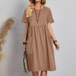 Naiste suvine puuvillane linane &uuml;mmargune kaelus, Raglan varrukatega tasku, lahtik&auml;iv, &uuml;hev&auml;rviline p&otilde;lvedeni ulatuv kleit naistele M kohv