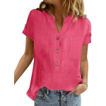 Suvine tavaline retrotaskuline puuvillane linane s&auml;rk naiste vabaaja V-kaelusega l&uuml;hikeste varrukatega &uuml;hev&auml;rviline pluus 3XL