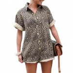 Naiste suvevann Leopardimustriline l&uuml;hikeste varrukatega, alla keeratav krae, l&uuml;hikeste varrukatega, &uuml;herealine, vaba puhkusestiilis l&uuml;hike sang XL Leopard Print