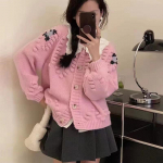 S&uuml;gisene uus tikitud lilledega silmkoeline kampsun Naiste kardigan talvine pikkade varrukatega vintage naiste kampsun jakk Elegantne &uuml;mara kaelusega kootud mantel 25041 S roosa