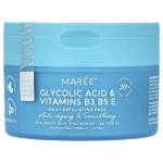Maree, daily exfoliating pads, glycolic acid and vitamins B3, B5, E, peach, 50 pads blue