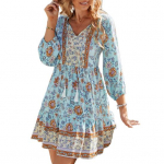 Naiste lilleline boho kleit, vaba l&otilde;ikega, pikkade varrukatega, voolav l&uuml;hike kleit, lahtine V-kaelusega, n&ouml;&ouml;bitav A-l&otilde;ikeline kleit, mini rannakleit S kollane