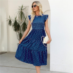 T&auml;pimustriga suvine naiste pikk kleit, &uuml;mara kaelusega, kortsidega varrukateta L