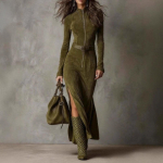 Vabaaja O-kaelusega pikak&auml;iguline seemisnahast peokleit Elegantne k&uuml;ljelt l&otilde;hikuga &uuml;hev&auml;rviline kitsas pikk kleit Naiste mood v&ouml;&ouml;ga sidumiseks Maxi kleit M roheline