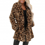 Naiste Leopard Faux Pocket Fuzzy Soe Talvine Oversized Outwear pikk mantel S pruun