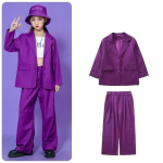 Laste lilla pintsakukost&uuml;&uuml;m T&uuml;drukutele 2 tk &Uuml;le suuruses pintsak ja laia s&auml;&auml;rega p&uuml;ksid Streetwear Hip Hop Tantsuesinemise riietus lavashowks Pidu 120cm lilla