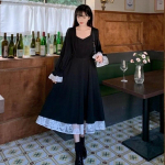 Naiste pikkade varrukatega kleit, elegantne must, kevadine kandiline krae vintage sidemega Hepburni lapiline disain M