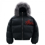 Meeste suur talvine puhvisjakk eemaldatava kunstkarvakraega tikitud streetwear-stiilis L black