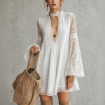 Naiste vintage boheemlaslik roheline pitsist lapitehnika V-kaelusega kellukujuliste varrukatega laia l&otilde;ikega babydoll kleit M white
