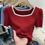 Puuvillane ruudukujuline kaelus, kontrastsus Clavicle Slim Fit l&uuml;hikeste varrukatega T-s&auml;rk naiste suvine uue disainiga s&auml;rk M lilla
