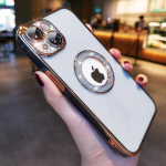 Luksuslik l&auml;bipaistev Logo Hole Glitter Diamod objektiivi kaitse&uuml;mbris iPhone 13 12 11 Pro Max pehme l&auml;bipaistva silikoonist l&ouml;&ouml;gikindel kate for 11 pro max roosa