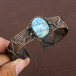 Natural Larimar Gemstone Handmade Copper Wire Wrap Bangle Adjustable l8m47