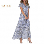 Naiste puhkusekleit V kaelusega k&otilde;rge v&ouml;&ouml;kohaga, volangidega lilleprinteriga l&uuml;hikeste varrukatega, joon avara, suur &auml;&auml;ris, suvine rand, maksikleit kuurordis, pikk kleit 3XL helelilla v&auml;rv