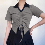 L&uuml;hike &otilde;huke topp naistele Vintage V-kaelusega pingutusn&ouml;&ouml;riga kurrutatud l&uuml;hikeste varrukatega topp Suvine seksikas ebaregulaarne T-s&auml;rk Gooti Korea Crop Top S hall
