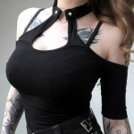 goth dark Women Girls Fashion Gothic T Shirt Cold Shoulder Halter Neck Chain Punk Tees Top Party Clubwear slim lady backless M