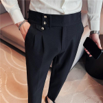 British Style Men High Waist Dress Pants Autumn Solid Color Casual Trousers Slim Fit Formal Suit Pants Fashion Men Clothing 32 must