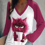 Teetass Cat Print Naiste Ts&auml;rgid Naiste Topid Pikkade varrukatega V-kaelusega Pullover Femme T-s&auml;rgid Naiste T-s&auml;rk XS valge