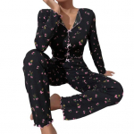 2 tk/komplekt, s&uuml;gistalvine naiste pidžaama&uuml;likond, alla keeratav krae, pikkade varrukatega, tr&uuml;kiga vibu L must