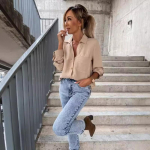 JPNTKY Naiste mood vabaaja s&uuml;gistalv, &uuml;hev&auml;rvilise tr&uuml;kiga pikkade varrukatega POLO-kaelusega pluusid ja s&auml;rgid S valge