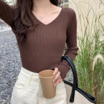 S&uuml;gis ja talv V-kaelusega kootud pikkade varrukatega slim-fit soojad baaspluusid pullover &uuml;hev&auml;rviline vabaaja k&otilde;ik-sobib kampsun naiste kampsun 30974 One Size valge