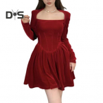 Naiste kleit ruudukujulise kaelusega plisseeritud A-l&otilde;ikeline pikkade varrukatega plisseeritud kitsa v&ouml;&ouml;kohaga sametist minikleit ballikleit banketipeokleit l&uuml;hike kleit s&uuml;gis kevad printsessikleit S veinipunane v&auml;rv