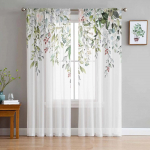 Akvarell, palmirohelised lehed, istutage l&auml;bipaistvad kardinad elutoa kaunistamiseks Aknakardinad K&ouml;&ouml;k T&uuml;ll Voile Organza kardinad W135 x H215cm x1&Grommet Top