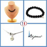 Pierres et Min&eacute;raux. Parure bijoux Bracelet Collier 10 perles Onyx noir mat 8 mm. Chaine en Taille personnalisable.