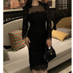 Vintage prantsuse must pitsist slim-fit pikkade varrukatega kleit naistele Large must