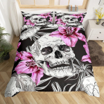 Must Skeleti Voodipesukomplekt Antiikne Viktoriaanlik Barokk Kolju Tekikott Queen Size Gooti Vanaaegne Lilleline Tekikate EU Single135x200cm
