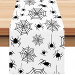 1 tk valge-must Halloweeni lauarullik &auml;mblikuv&otilde;rgu mustriga, tolmukindel vastupidav laudlina Halloweeni teemapeo kaunistamiseks 33x183cm