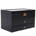 3-kihiline must nahast kellade ja prillide karp ehtede v&auml;ljapaneku sahtliga metallpandlaga karpkorraldaja H&auml;mmastav kingitus must