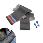 BMW E46 Coupe 2000-2006 E39 X5 E53 Z3 E36 2000-2003 jaoks K&auml;sitsi &otilde;mmeldud perforeeritud nahast auto salongi rooliratta katte viimistlus redblue line-3 strip gray