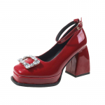 Kristallpannal Platvormkingad Naistele Paksude Kontsadega Mary Jane Kingad Naine Nahast Ruudukujulise Varbaga K&otilde;rge Kontsaga Kingad Daamide Chaussure Femme 34 punane
