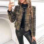 Naiste ruuduline tweed l&uuml;hike jakk O-kaeluse pikkade varrukatega kuldse n&ouml;&ouml;pauguga tasku elegantne l&uuml;hike bleiserjakk M black