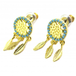 7bis [P3910] - Boucles artisanales 'Boho' (dreamcatcher) turquoise dor&eacute; - 17x8 mm t&uuml;rkiissinine