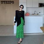 Naiste poolkeha ja lilleline moodne keskmise pikkusega seelik, seelik, drapedeeritud Sense of Retro kalasabakleit plusssuuruses S roheline