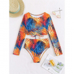 Lehed Tr&uuml;kitud pikkade varrukatega k&otilde;rge v&ouml;&ouml;kohaga bikiinid naiste ujumistrikoo Naiste ujumisriided Kaheosaline bikiinikomplekt supelkost&uuml;&uuml;m ujumine S