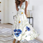 Naiste pikk kleit Maxi kleit vabaaja kleit Swing Kleit Lilleline kleit Lilleline mood T&auml;navar&otilde;ivad &otilde;ues Igap&auml;evane kuup&auml;evaprint Varrukateta V-kaelusega kleit L sinine