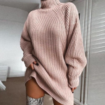 S&uuml;gistalvine naiste mood &uuml;hev&auml;rviline V kaelusega pitsiga kootud kampsun, vabaaja avar pikk kampsun kleit Elegantne pikkade varrukatega paks soe kampsun S roosa
