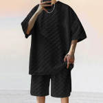Meeste suvine spordi&uuml;likond Korea High Street Jacquard ruuduline T-s&auml;rk L&uuml;hikesed p&uuml;ksid Kaheosaline komplekt Meeste vabaaja retro lahtine O-kaelusega top S must