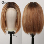 HAIRCUBE Mesipruunid juustest parukad naistele, sirged l&uuml;hikesed bob pitsist eesmised parukad Blondid esilet&otilde;stetud v&auml;rvilised 13x1 T osaga pitsparukas