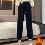 Talvine mood samet soojad lahtised sirged p&uuml;ksid naistele kontori-daami k&otilde;rge v&ouml;&ouml;kohaga s&auml;&auml;rised paksendatud soliidsed p&uuml;ksid 29584 4XL must